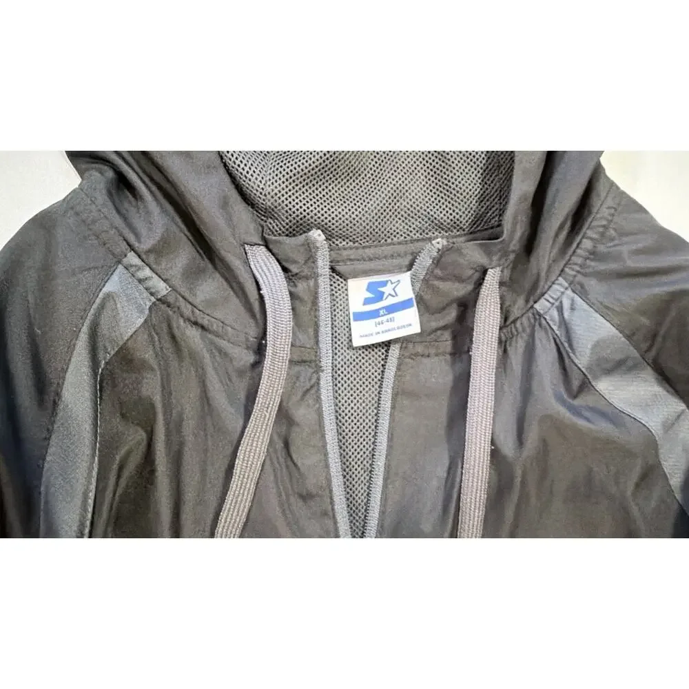 Vintage 90s Starter Jacket Zip Up Windbreaker Hooded Black Gray Mens XL (46-48) - Picture 5 of 6